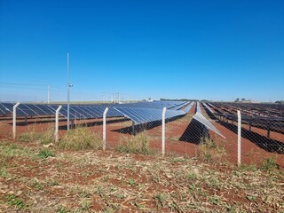 Vast solar farm with rows of panels under clear blue sky in a rural area during the daytime