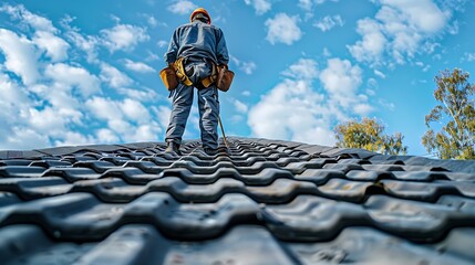 Poster - Repair and replacement of the old roof with a new one Construction worker in protective clothing standing on roof with tools : Generative AI