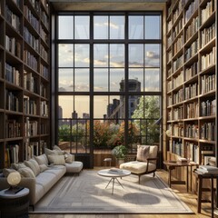 Canvas Print - Modern library with large windows overlooking a city rooftop garden.