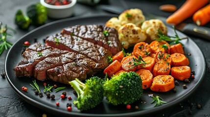 Poster - Delicious fresh beef and vegetables carrots broccoli cauliflower on a black plate on a dark concrete background : Generative AI