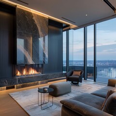 Wall Mural - Modern living room with a fireplace and city view.