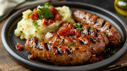 Poster - Devilled Sausages with mashed potato spiced tomato and apple sauce : Generative AI