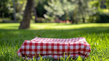 Poster - Red checkered tablecloth on grassempty space blank Food design advertisement template Picnic place Checked cloth Napking laying outdoor : Generative AI
