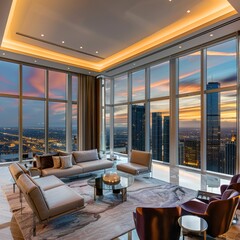 Poster - Modern living room with breathtaking cityscape view at sunset.