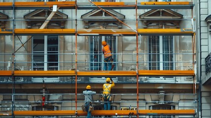 Poster - construction workers with safety equipment assembling scaffolding for maintenance of building facade on city street : Generative AI