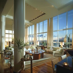 Wall Mural - Modern living room with floor-to-ceiling windows overlooking cityscape.