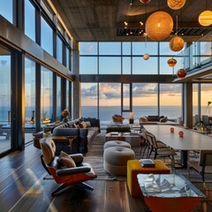 Sticker - Modern living room with floor-to-ceiling windows overlooking the ocean at sunset.