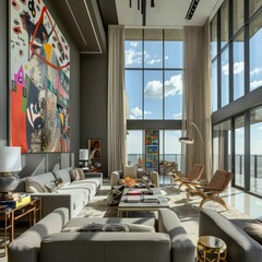 Wall Mural - Modern living room with floor-to-ceiling windows, grey sofas, and abstract art.