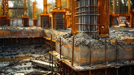 Poster - Large reinforced concrete structures at the construction site Preparation for the installation of reinforced concrete products Construction work on the construction of foundations : Generative AI