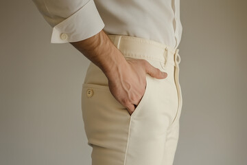 close-up of a man's hand in pocket, wearing cream-colored dress pants and shirt