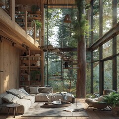 Wall Mural - Modern living room with large windows overlooking a lush forest.