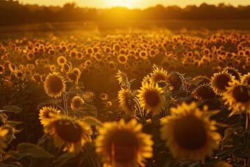 Wall Mural - Beautiful sunset over sunflowers field