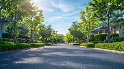 Aufkleber - Empty street at the nice and comfortable garden background with nice blue sky : Generative AI