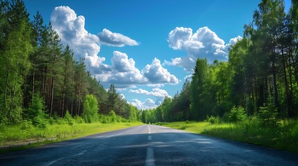 Poster - Empty square or road through green forest trees under blue sky and clouds : Generative AI
