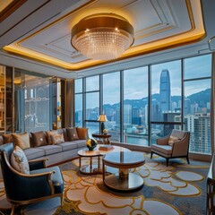 Wall Mural - Modern luxury living room with cityscape view.