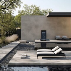 Wall Mural - Modern minimalist backyard with lounge chairs, a water feature, and a swimming pool.