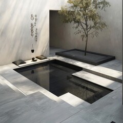 Sticker - Modern minimalist courtyard with a small pool, a tree, and a zen-like seating area.