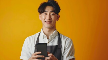 Poster - young asian guy barista in apron shows blank smartphone screen on yellow isolated background korean male waiter advertises copy space on phone display online : Generative AI