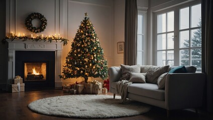 Christmas tree next to sofa, christmas decorated living room concept 