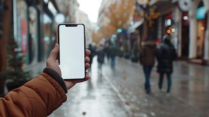Aufkleber - Man holding smartphone showing white blank screen at street : Generative AI