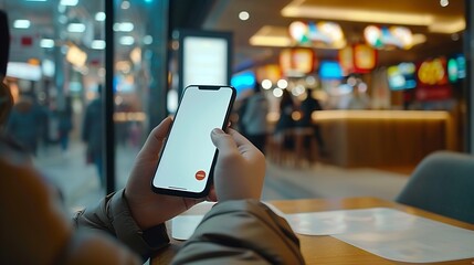 CU Photo of a person using his phone inside a fastfood restaurant Blank white smartphone screen mockup food order delivery discount coupon application mockup : Generative AI