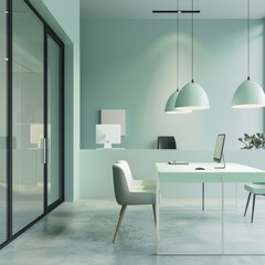 Sticker - Modern office space with a light green wall and three pendant lights.