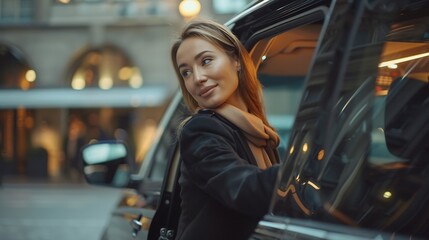 Female chauffeur helps a business lady to get out of vehicle opening a door of luxury black minivan Concept of personal driver luxury taxi for business delegation : Generative AI