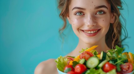 Woman portrait and happy salad and vegetable for health and nutritionist in isolated blue background Face vegan and wellness diet with female model in studio and tasting organic food i : Generative AI