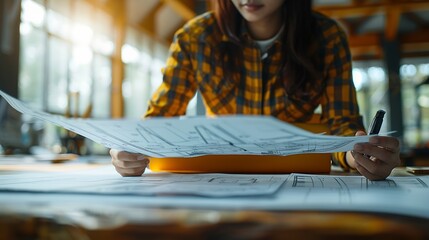 Poster - Diverse engineer team working at the office table with construction plans and architect equipment and planning construction project Focus on an asian vietnamese woman team leader holdi : Generative AI