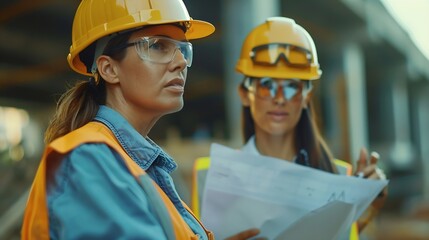 Aufkleber - Engineer and female foreman worker team checking project at precast factory site Engineer and builders in hardhats discussing on construction site : Generative AI