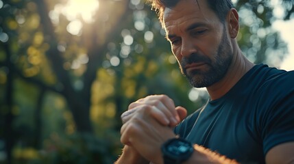 Aufkleber - Mid adult man using smart watch during training Heart monitor beats with wristwatch smart watch or future data on healthcare technology in use of smart watch for health condition : Generative AI
