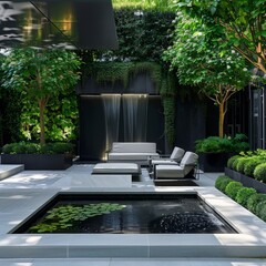 Sticker - Modern outdoor living space with a water feature and seating.