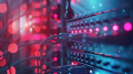 Poster - blur technology data center room defocus fiber optic cable and network router switch in data center room for background and wallpaper : Generative AI