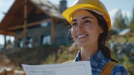 Leinwandbilder - Stylish happy woman architect checking blueprints against modern farmhouse construction site Young female engineer or construction worker in hardhat with plans of new modern house : Generative AI