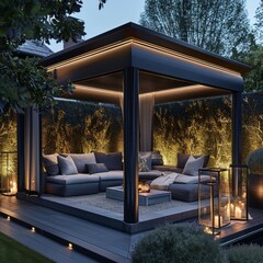 Wall Mural - Modern outdoor lounge area with a pergola, lighting, and comfortable seating.