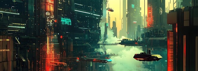 Poster - Retro Futuristic Dieselpunk City with Towering Metallic Skyscrapers Intricate Mechanical Adornments Plumes of Steam Vibrant Neon Accents