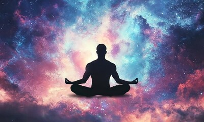 Wall Mural - meditating silhouette against cosmic galaxy background with ai generated.