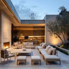 Sticker - Modern patio with sleek furniture and warm lighting.