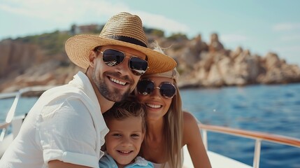 Sticker - Happy young family resting on yacht : Generative AI