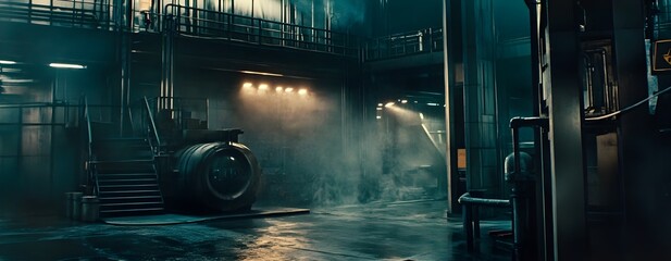 Poster - Dramatic vintage dieselpunk film still showcasing gritty industrial machinery expressive brushwork and captivating Art Deco architectural details in a moody
