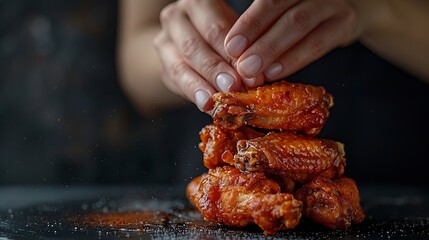 Wall Mural - Woman hand taking the fried chicken wings by hands over dark background with copy space : Generative AI