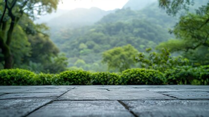 Wall Mural - Empty square platform and green mountain with forest landscape in Hangzhou China : Generative AI