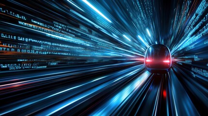 Poster - A car is speeding down a train track with a blue background. The car is surrounded by a blur of lights, giving the impression of a futuristic, high-speed train. Scene is one of excitement