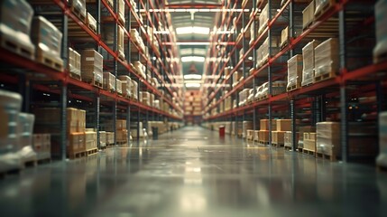Poster - Large storage warehouse There is a walkway in the middle between the shelves : Generative AI