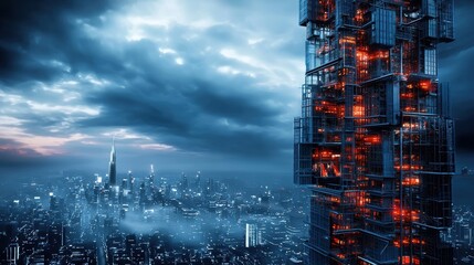 Poster - A city skyline with a tall building in the background. The sky is cloudy and the city is lit up with red lights