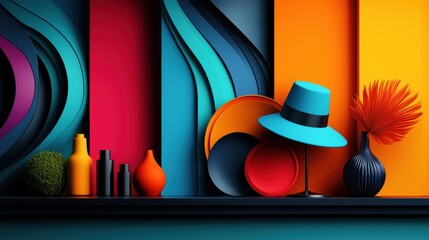 Aufkleber - A colorful shelf with a blue hat and a vase of flowers. The shelf is decorated with various items, including a bottle, a vase, and a bowl