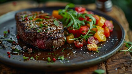 Poster - food restaurant plate table chef gourmet elegant wooden dark meal meat dinner lunch : Generative AI