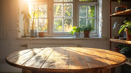 Aufkleber - Wooden table with retro pedestal of free space for your decoration Kitchen interior with window and sun light Empty space for your decoration : Generative AI