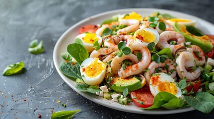 Poster - Healthy salad with squid and avocado on white plate with harsh shadows Calamari salad with vegetables and eggs on white background with shadows of leaves Summer food menu : Generative AI