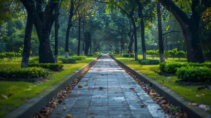 Poster - Empty park walkway lawn in Ramna Dhaka Bangladesh Nature forest Road concrete empty path : Generative AI